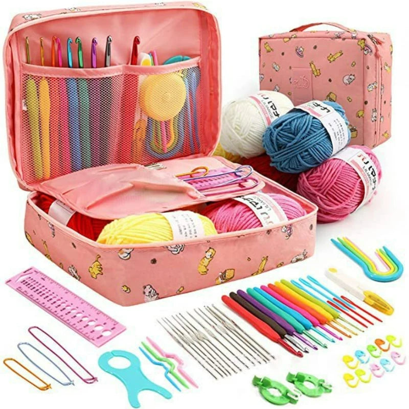 A pink organizer case containing a 59-piece beginner crochet kit with various colored yarn and needles.