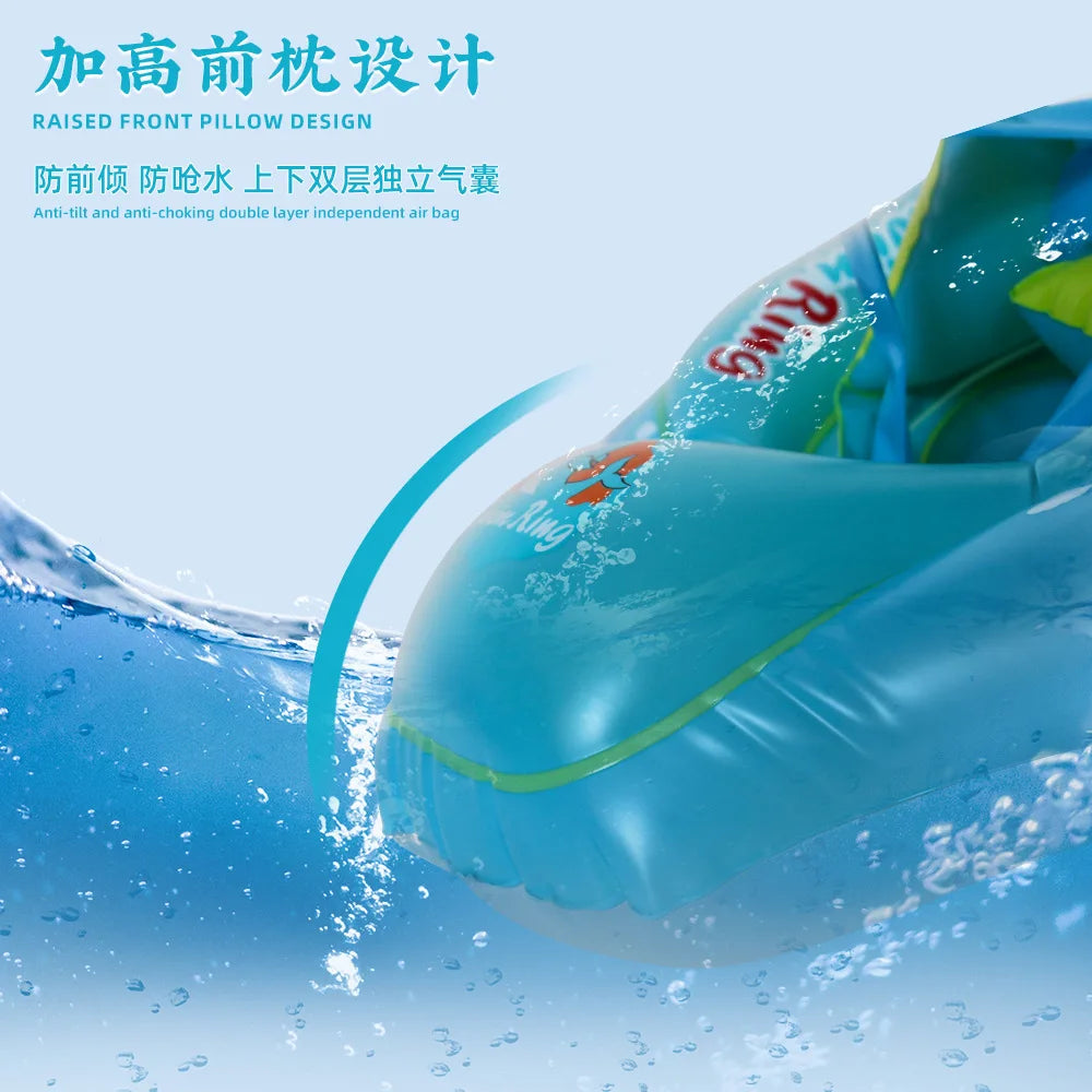A blue inflatable baby seat ring floating in water with a green sunshade canopy.