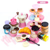 A 44 piece pretend play tea party set featuring various cups, cakes, and coffee pots in pink and beige colors.