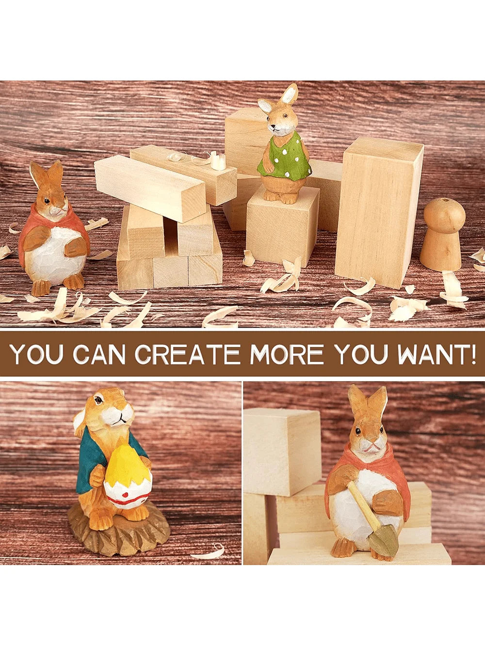 A set of basswood carving blocks used for woodworking, featuring various wooden shapes and a small squirrel figurine.