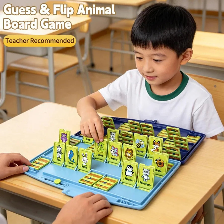 A young boy plays with a Guess & Flip Animal Board Game on a wooden table.