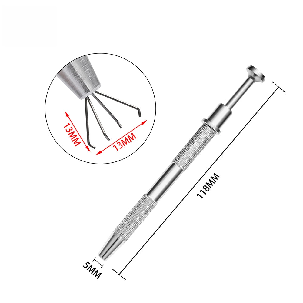A silver precision bead and jewelry pick-up tool with a long shaft and multiple tips shown in detail.