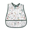A white baby bib with a cartoon pattern featuring various floral and leaf designs.