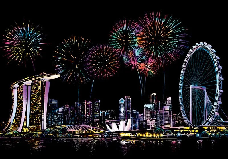 A night scene featuring fireworks over a city skyline with a large Ferris wheel reflected on the water.