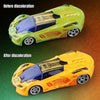 A pull-back racing car shown before and after a color discoloration process, comparing the original green version to the yell