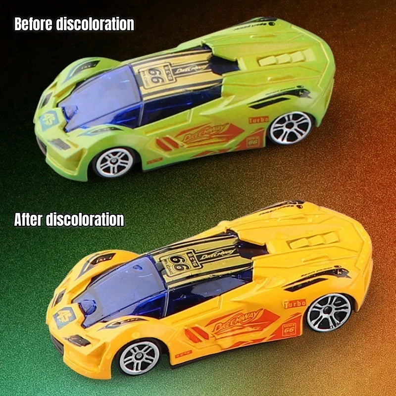 A pull-back racing car shown before and after a color discoloration process, comparing the original green version to the yell