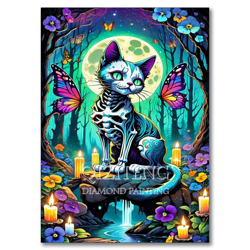 A diamond painting featuring a stylized black cat with glowing eyes sitting in front of a large moon and surrounded by colorf