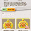 Instructions for playing a Pop It fidget game console with lights and sounds, showing how to press buttons and interact with 