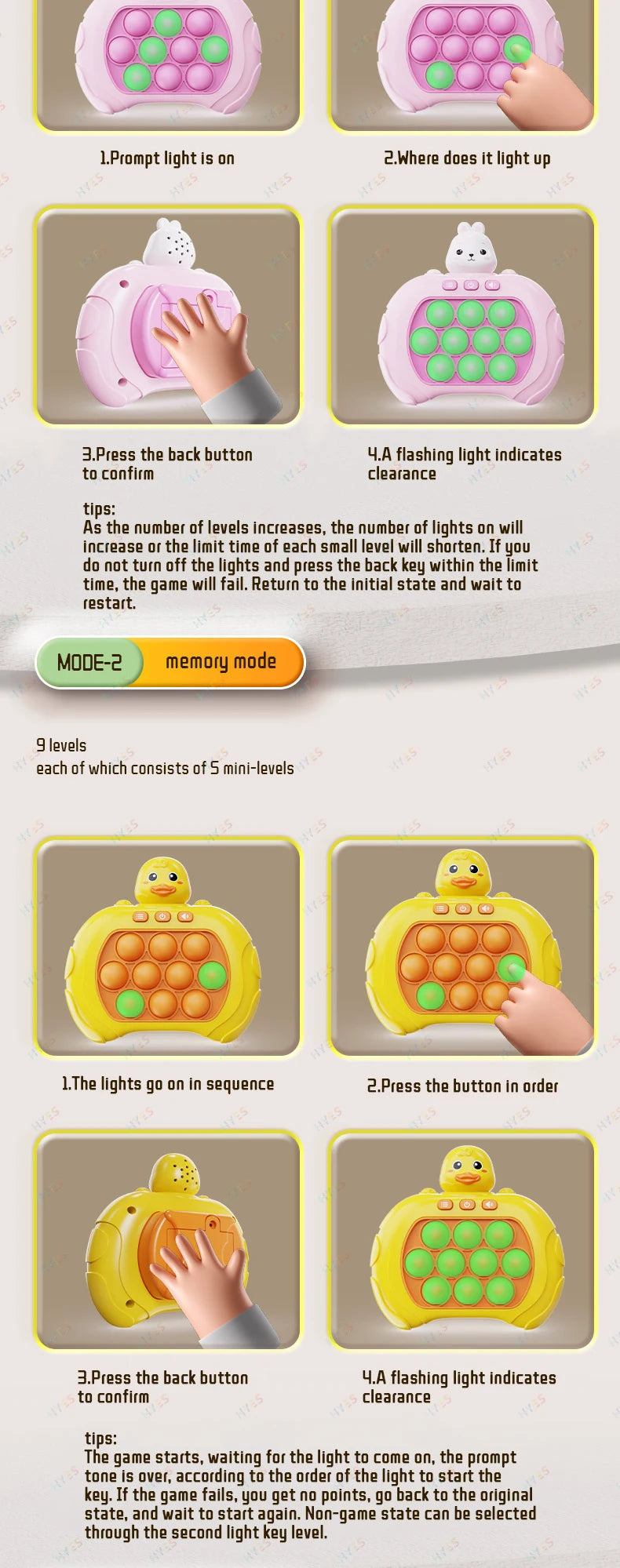 Instructions for playing a Pop It fidget game console with lights and sounds, showing how to press buttons and interact with 