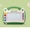 A green magnetic doodle drawing board for kids with a clear grid surface and a purple stylus.