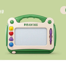 A green magnetic doodle drawing board for kids with a clear grid surface and a purple stylus.