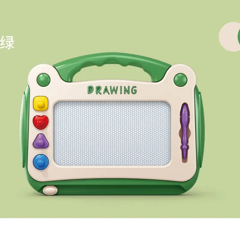 A green magnetic doodle drawing board for kids with a clear grid surface and a purple stylus.