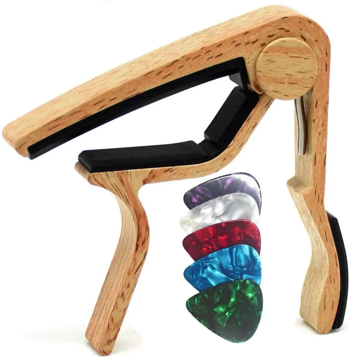 Rosewood guitar capo with five picks for acoustic and electric guitars
