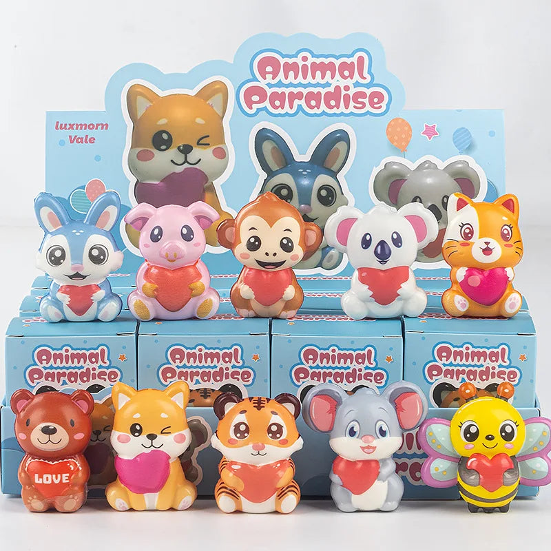 A collection of 12 cute animal and food blind box squishy stress relief toys in various colors and designs.