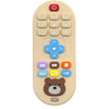 A beige silicone remote control toy featuring a numeric keypad, an OK button, and various media controls, with a bear face at