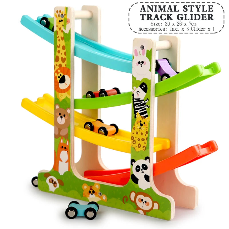 Wooden animal style glider track glider set with various colored slides and animals