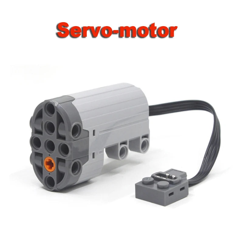 A gray servo-motor with a connector cable is shown on a white background.