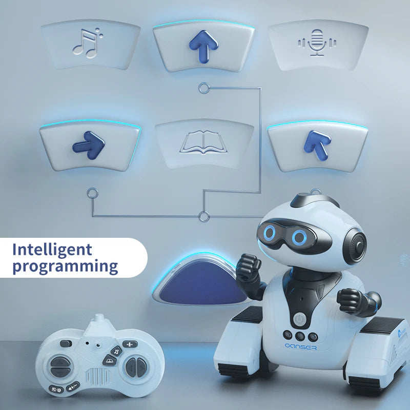 A white robot toy with blue lights is shown next to various panels demonstrating intelligent programming features.