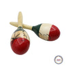 A pair of hand-painted wooden maracas with natural wood handles and painted designs.