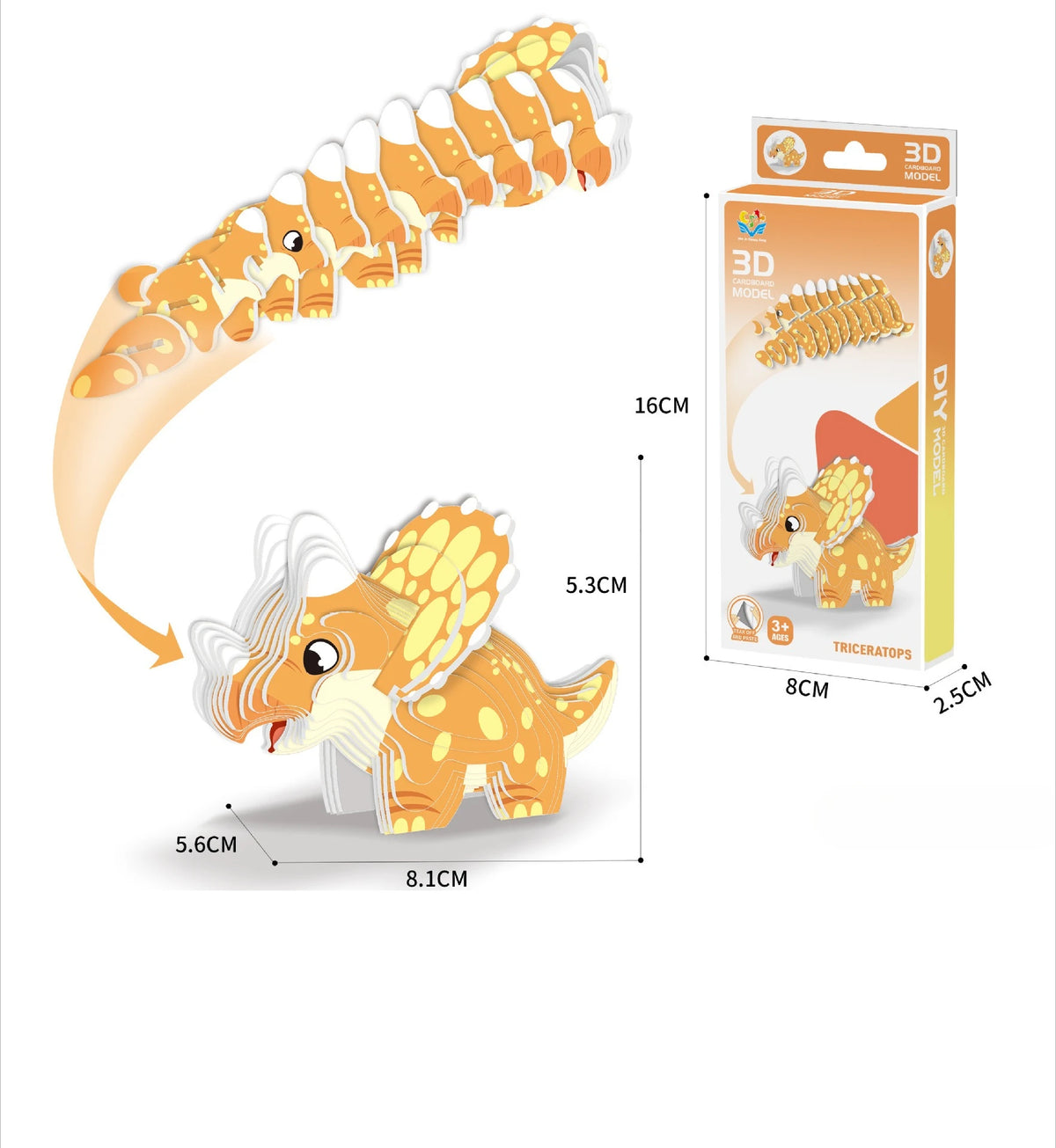A set of 3D paper animal puzzles featuring a dinosaur or safari animal, showing the assembled model and packaging.