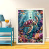 Diamond painting kit featuring a colorful turtle design framed in a white border.