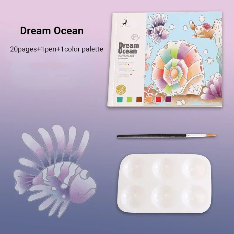 A watercolor painting kit featuring a book, a brush, and a palette for creative painting.