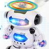 A white robot toy with blue lights and a spinning top on its head.