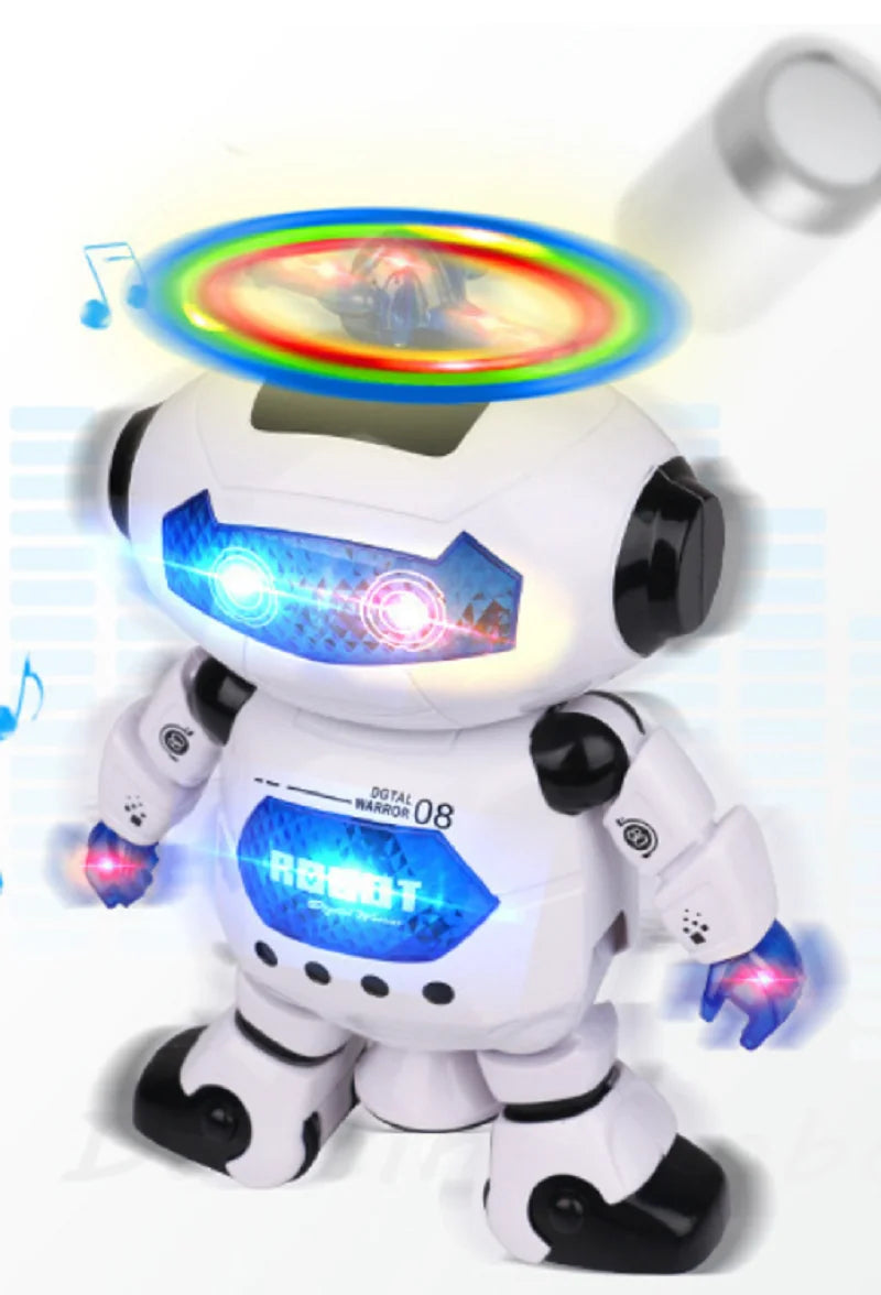 A white robot toy with blue lights and a spinning top on its head.