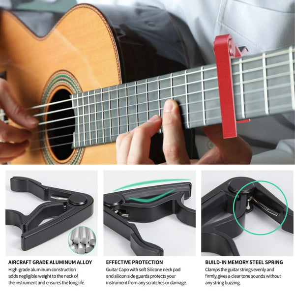 A precision guitar capo is shown with various clamps and a description of its protective features.