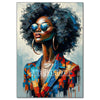 A vibrant painting of an African woman with natural hair wearing sunglasses and a colorful jacket.
