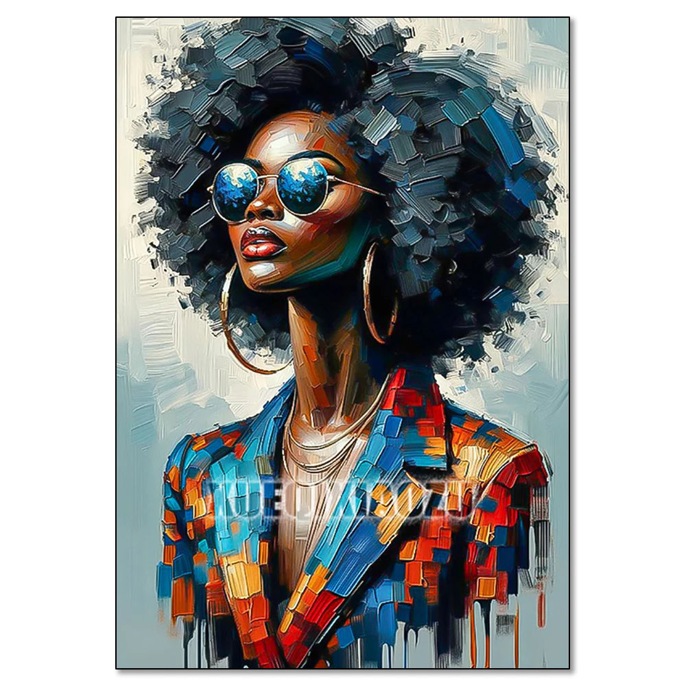 A vibrant painting of an African woman with natural hair wearing sunglasses and a colorful jacket.