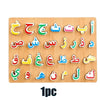 A wooden puzzle set featuring various Arabic letters in colorful shapes for early learning.