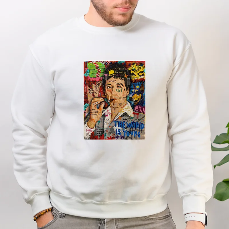 A white sweatshirt featuring a colorful heat transfer patch design of a man's face.