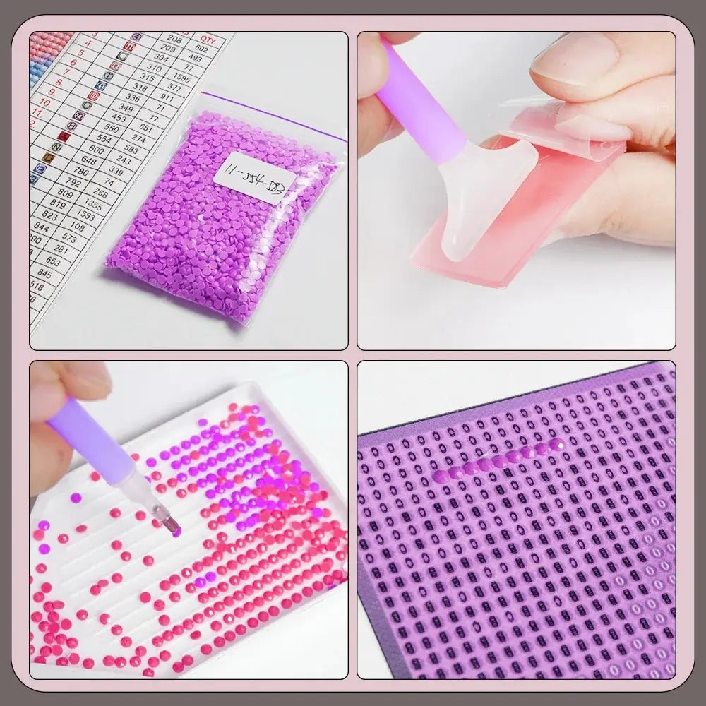 A diamond painting kit showing various stages of creating a scenic landscape with round drills and a pink tool.