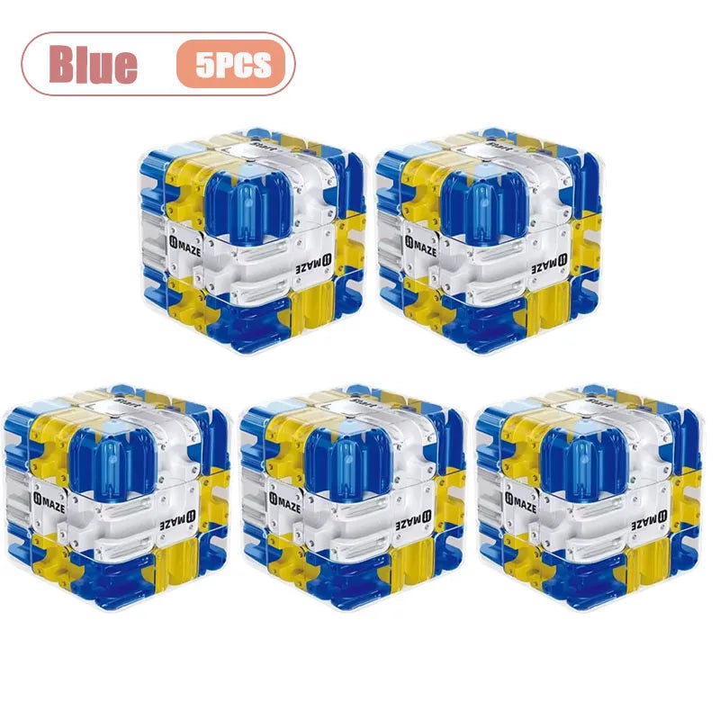 Five blue and yellow 3D maze puzzle balls for a brain teaser challenge