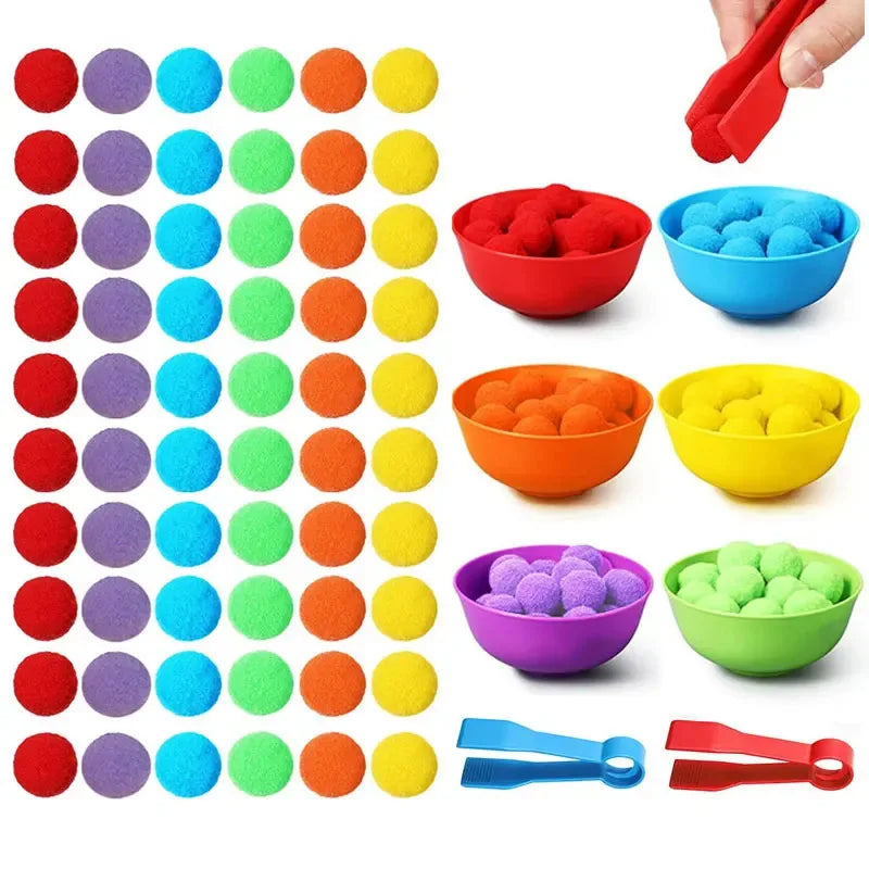 A colorful set of pom-poms in various colors and sizes for counting and sorting toddlers includes bowls and tools.