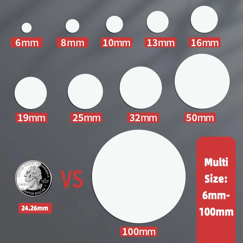 A collection of round self-adhesive dot labels in various sizes ranging from 6mm to 100mm, displayed against a gray backgroun
