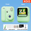 Front and back views of a light green instant print camera with accessories like a lanyard, paper, and USB cable.