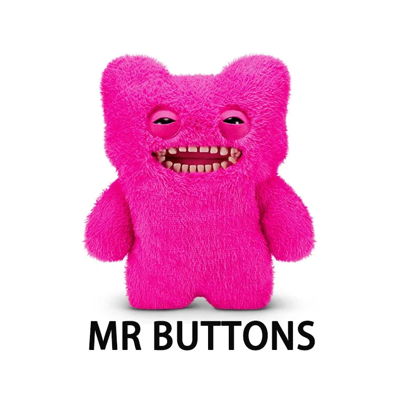 A bright pink plush monster with large eyes and a wide, toothy grin.