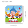 A colorful illustration of a clown character with blue hair and red nose surrounded by balloons and confetti.