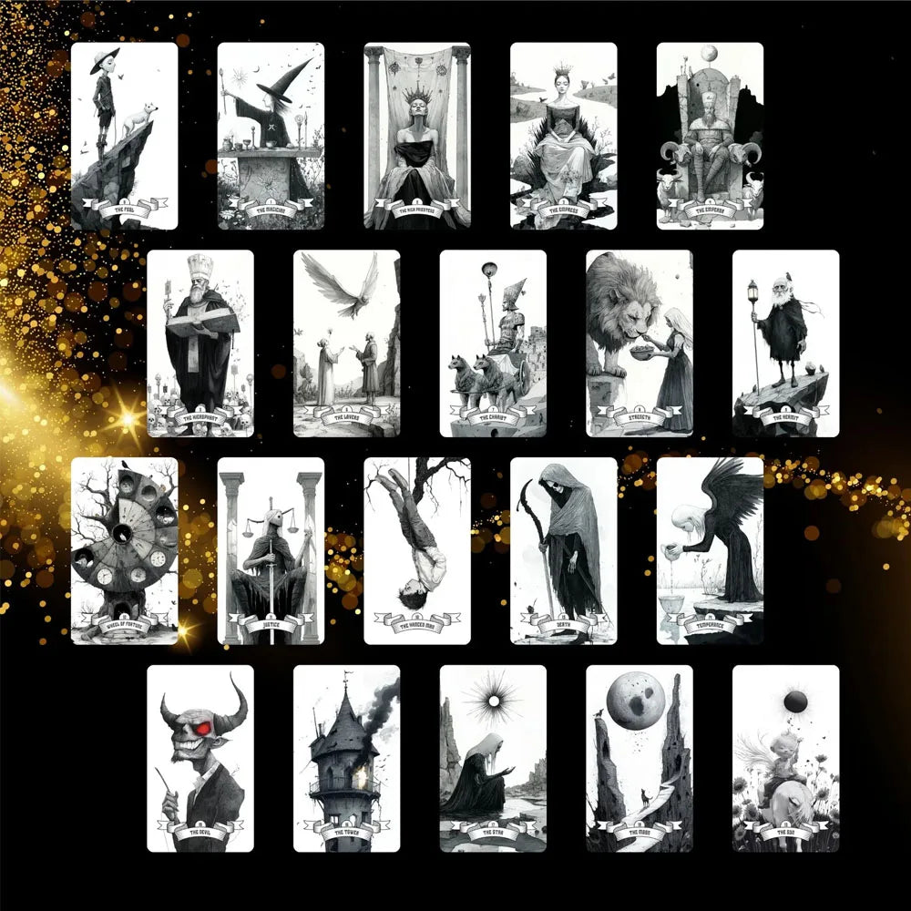 Collection de cartes de tarot sombres et détaillées avec diverses figures et symboles.