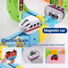 A white electric train engine with a magnetic car attachment and rechargeable battery is shown.