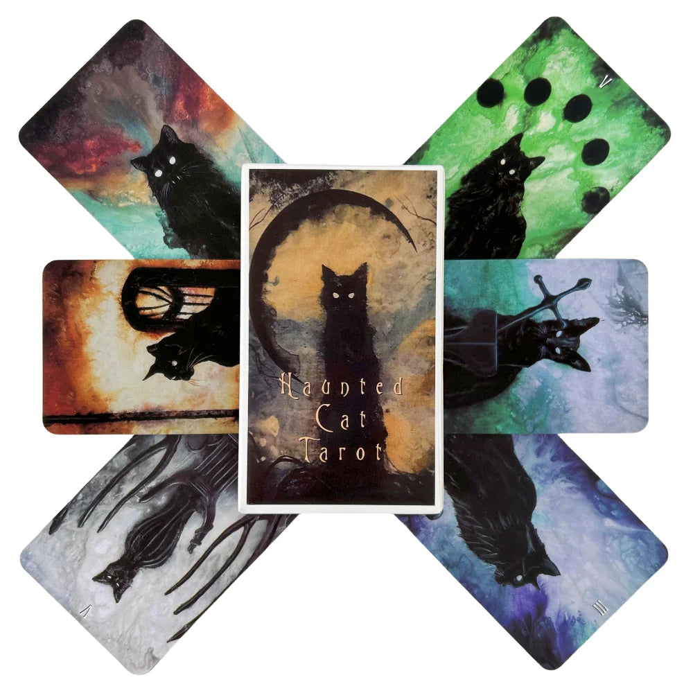 A spread of tarot cards featuring black cats and mystical imagery on a dark background.