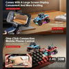 A blue RC monster truck with an FPV camera and live video display is shown next to a smartphone interface.