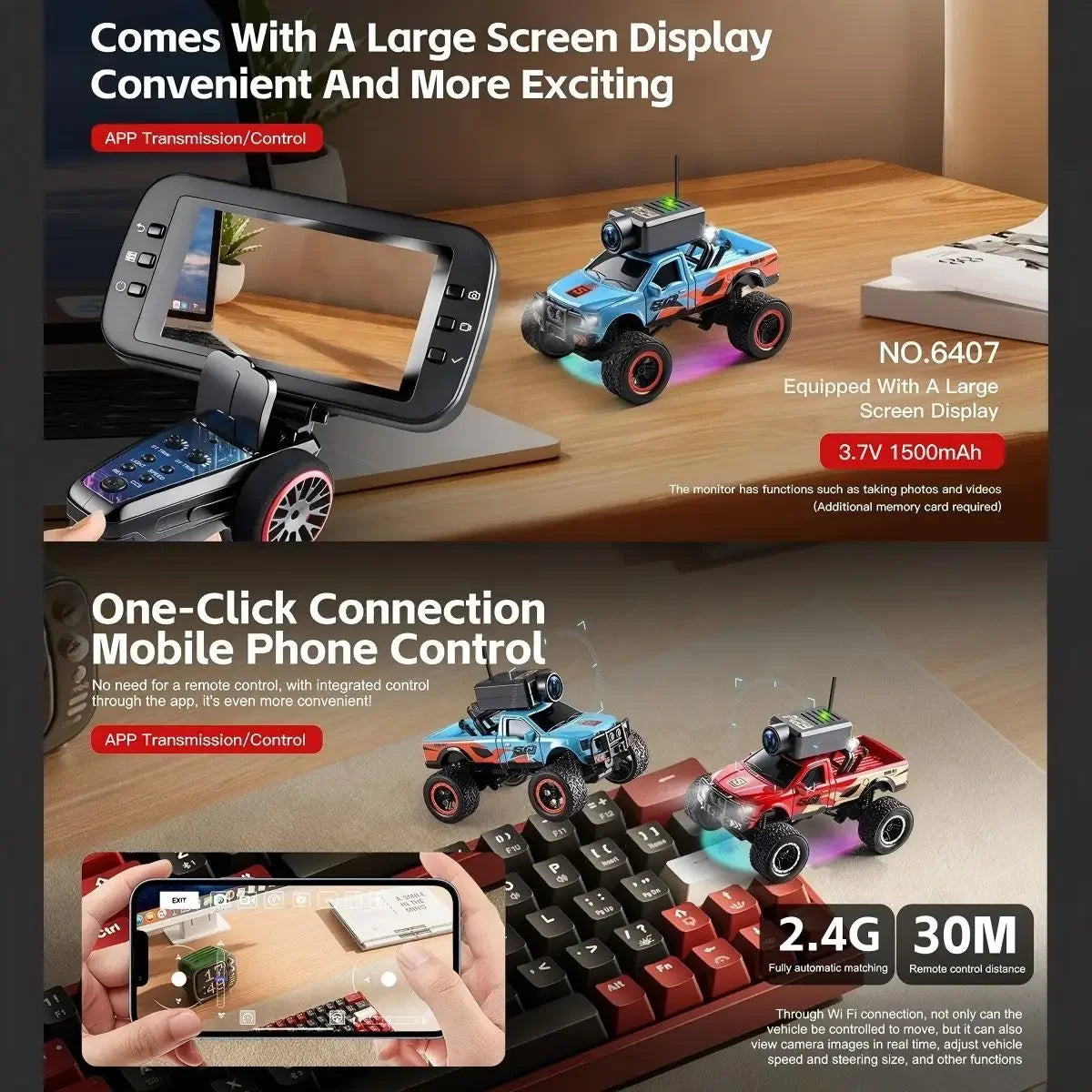 A blue RC monster truck with an FPV camera and live video display is shown next to a smartphone interface.