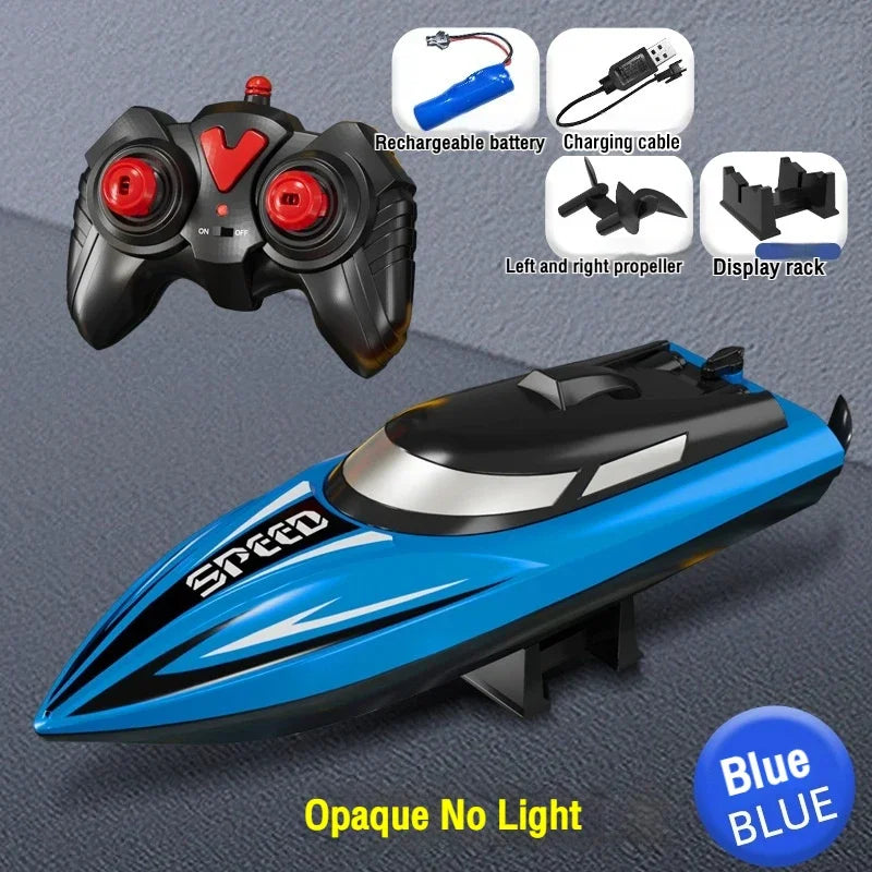 A blue RC speedboat toy with a display rack and rechargeable battery components shown alongside the product.