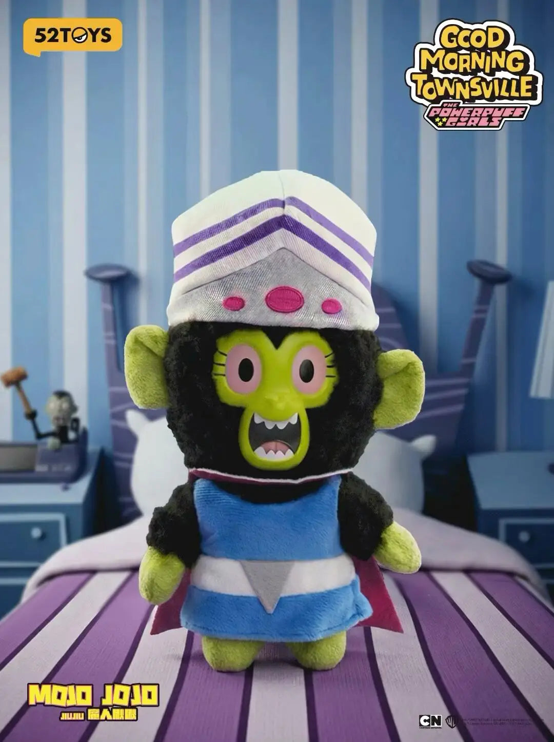 A collectible figure of Blossom from The Powerpuff Girls, featuring green skin and purple attire.
