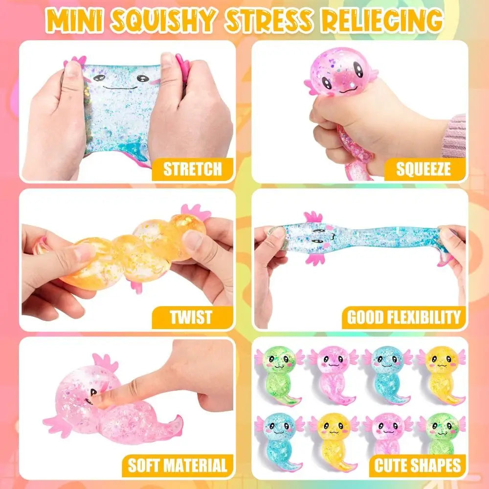Hands demonstrate various actions like stretch, squeeze, and twist with a pink squishy axolotl stress relief toy.