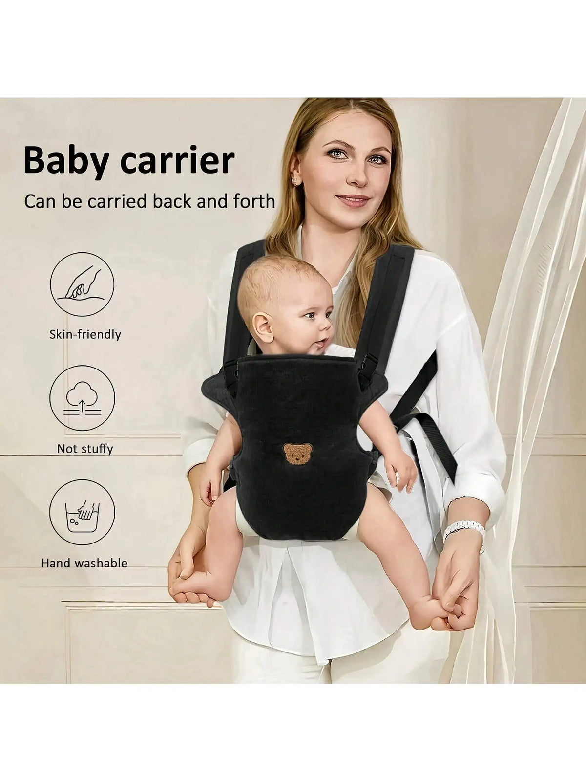 A woman is carrying a baby in a black ergonomic baby carrier, demonstrating its use.