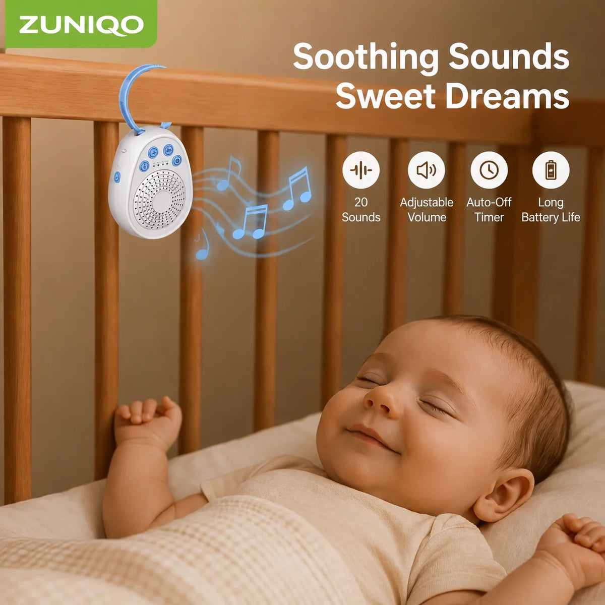 A white portable sound machine for babies is shown above a baby sleeping in a crib.
